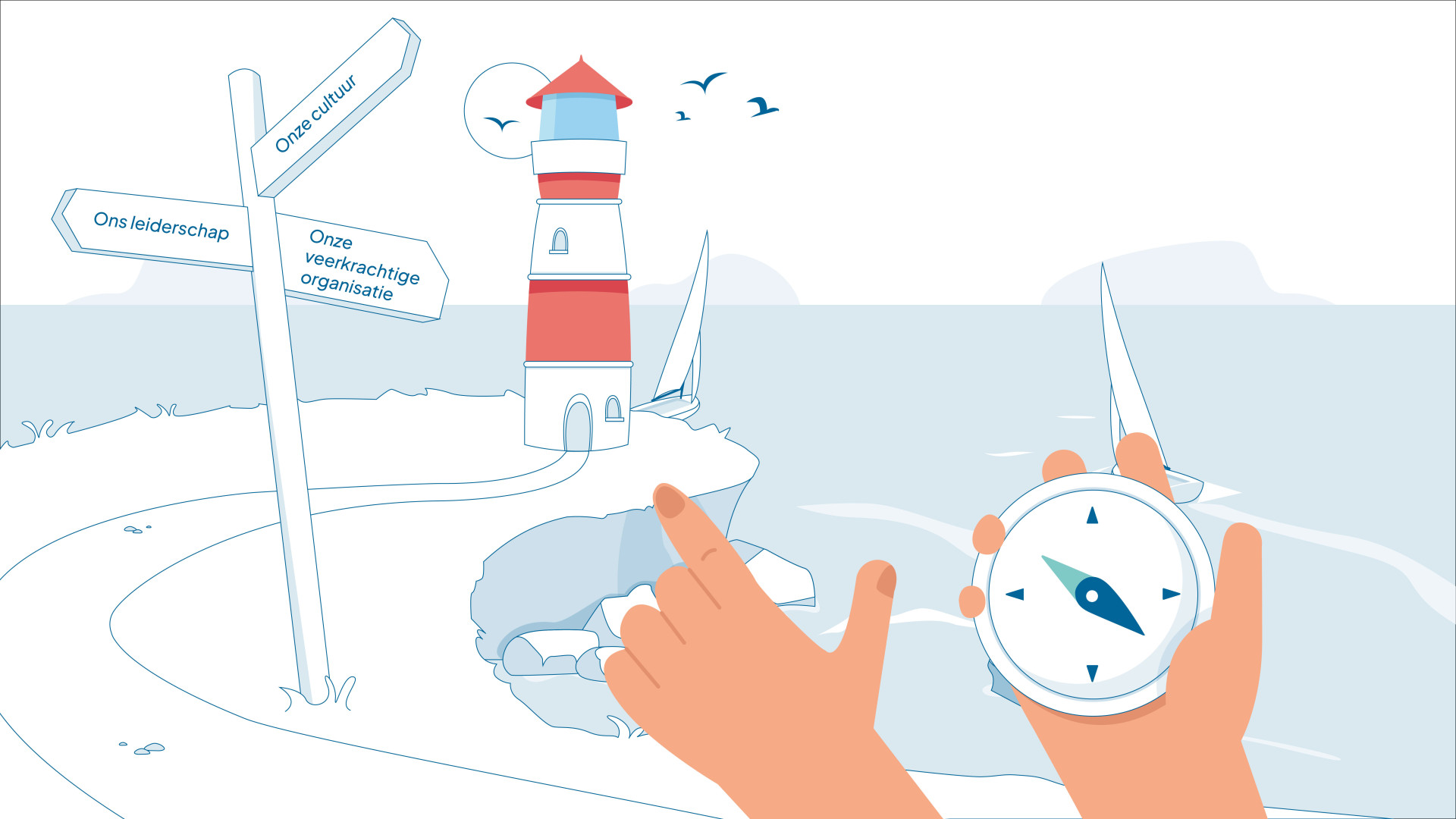 Illustratie van een kompas met wijzende vinger langs de navigatieborden naar de vuurtoren met een mooi uitzicht op de achtergrond met verschillende vaarroutes naar verschillende eilanden.