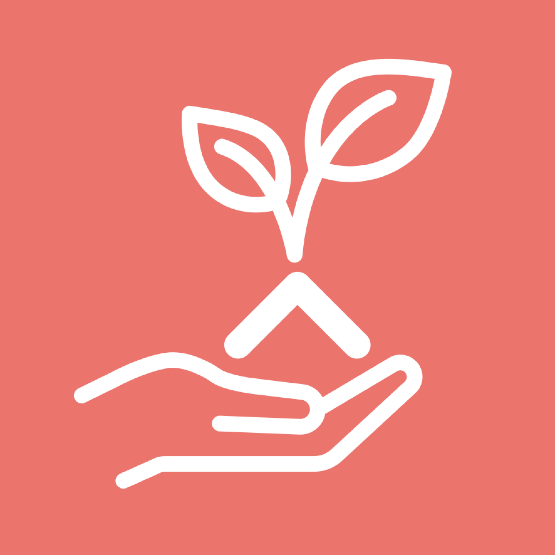 Icoon met hand en plantje op een koraalkleurige achtergrond