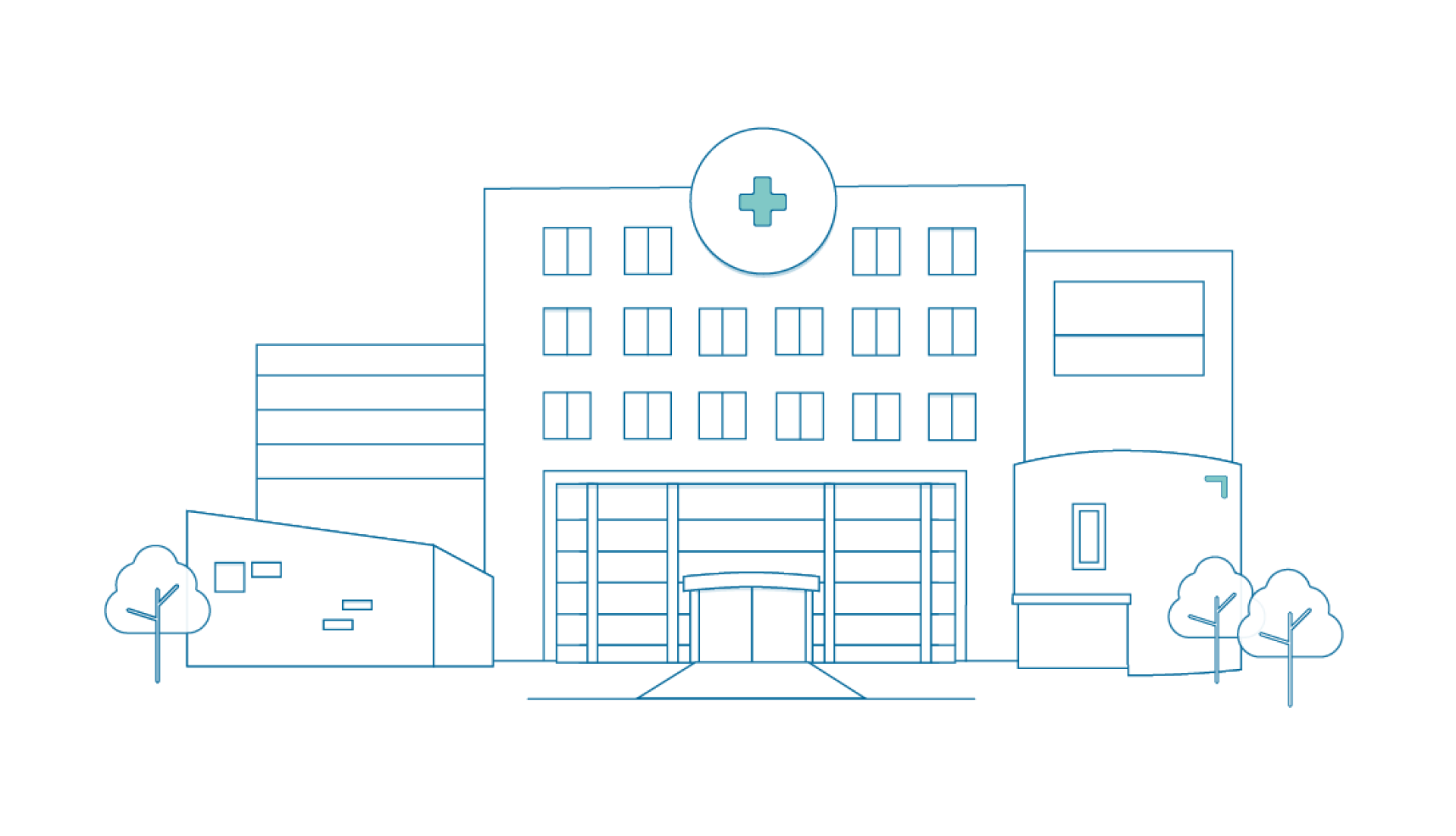 Illustratie van een ziekenhuis met kenmerken van Frisius MC Leeuwarden en Frisius MC Heerenveen