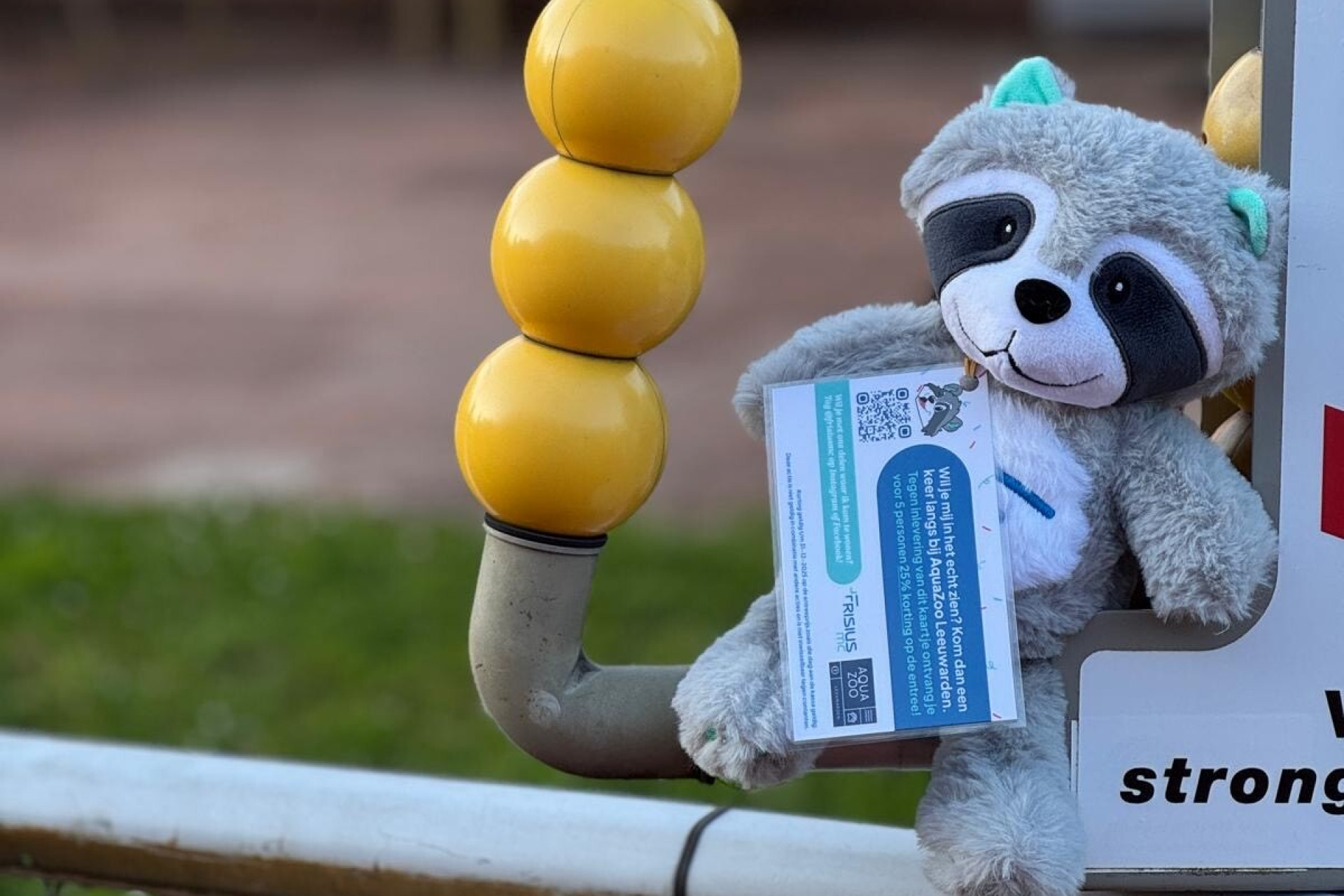 Mascotte Frankie verstopt op de tennisbaan