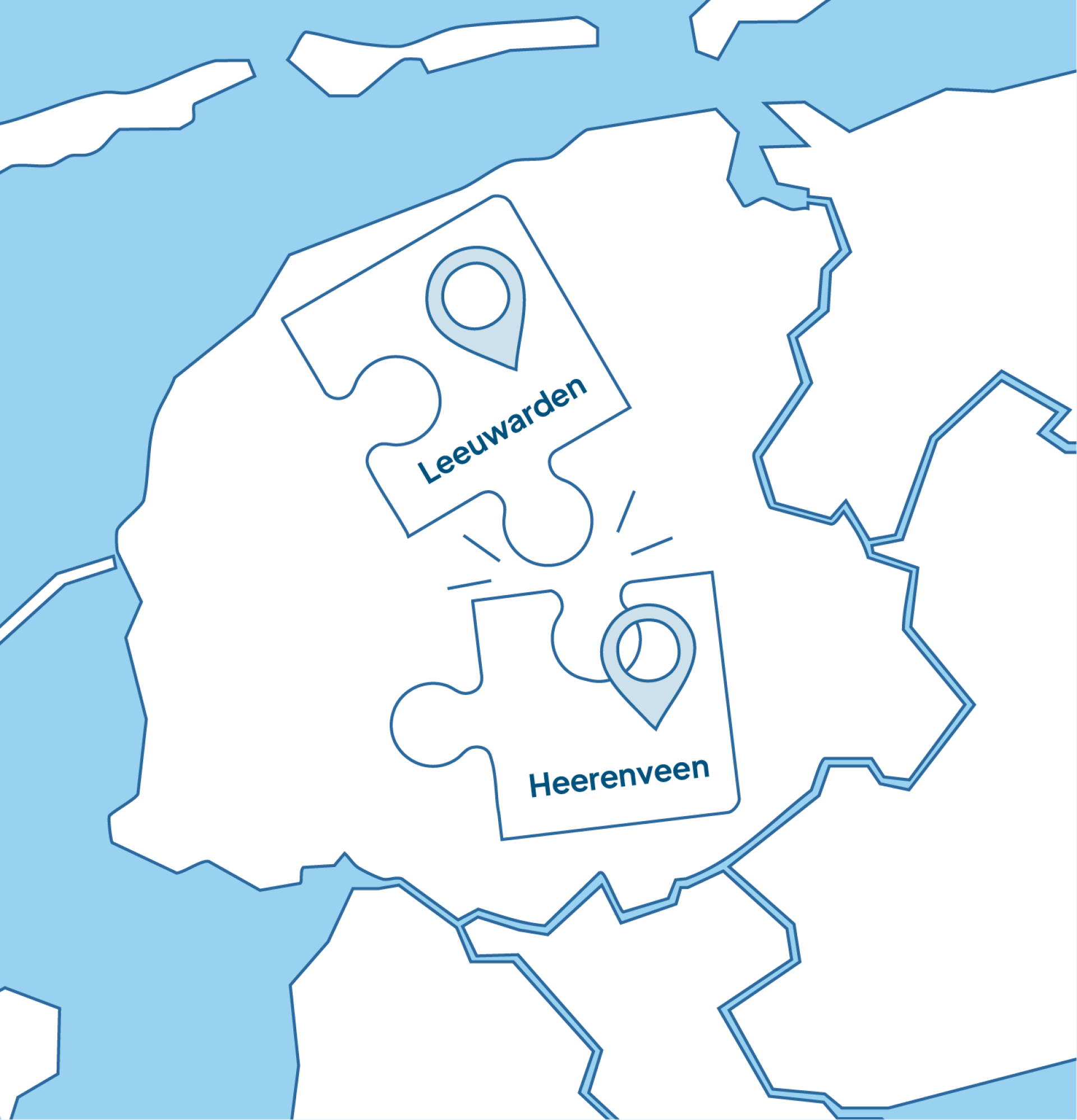 Kaart met puzzelstukken van ziekenhuizen Leeuwarden en Heerenveen die de fusie tussen de twee locaties weergeven