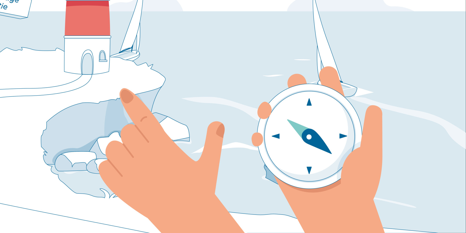 Illustratie van een kompas met wijzende vinger langs de navigatieborden naar de vuurtoren met een mooi uitzicht op de achtergrond met verschillende vaarroutes naar verschillende eilanden.