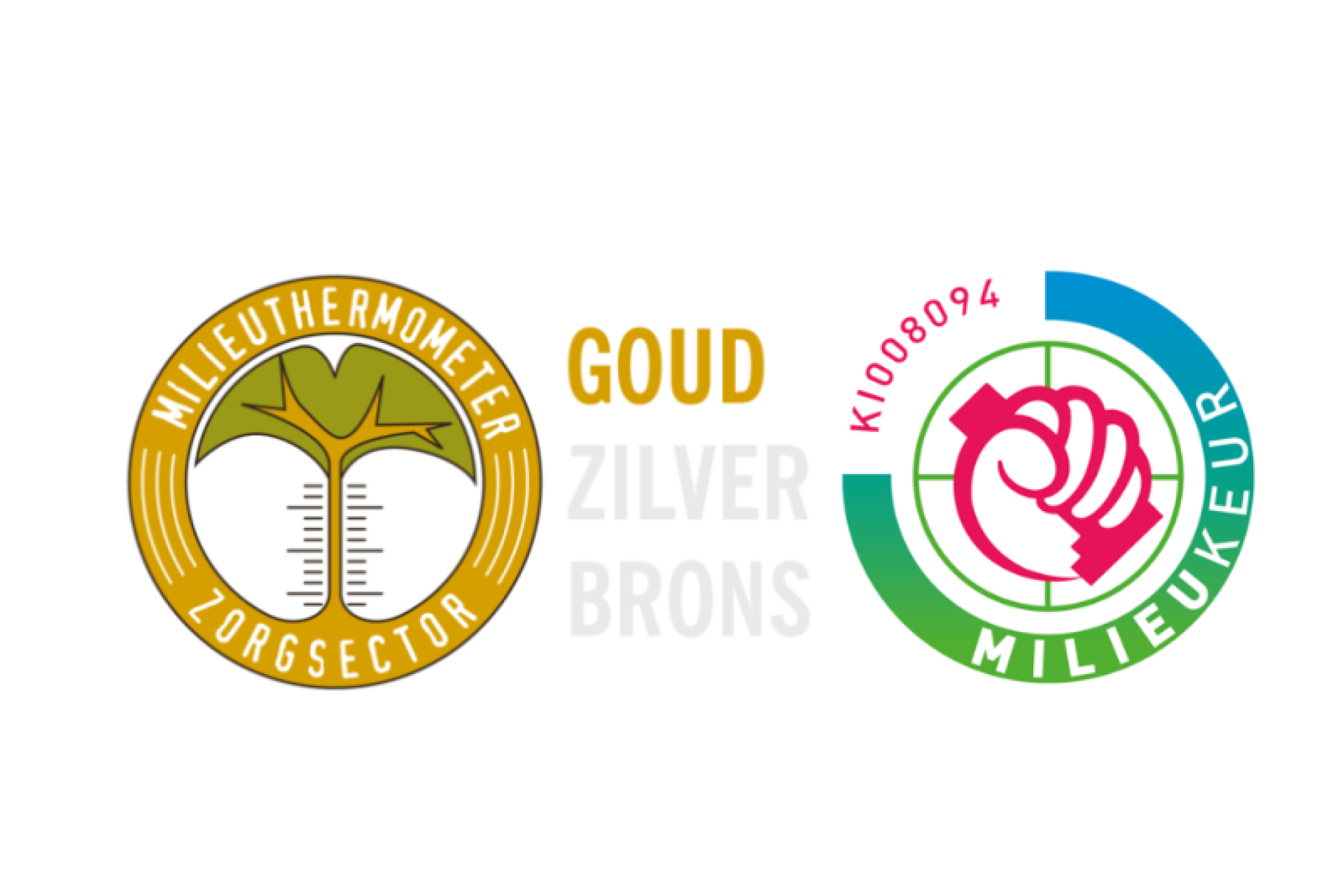 Logo's van Milieuthermometer Zorgsector en Milieukeur goud.